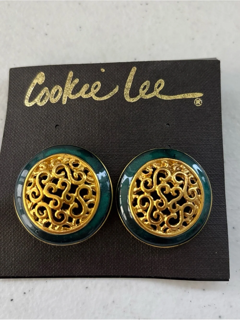 Cookie Lee Gold Filigree with Dark Green Enamel Button Earrings